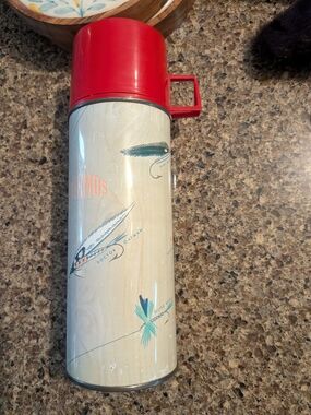 Antique Thermos Fly Fishing Design With Lid And Cup